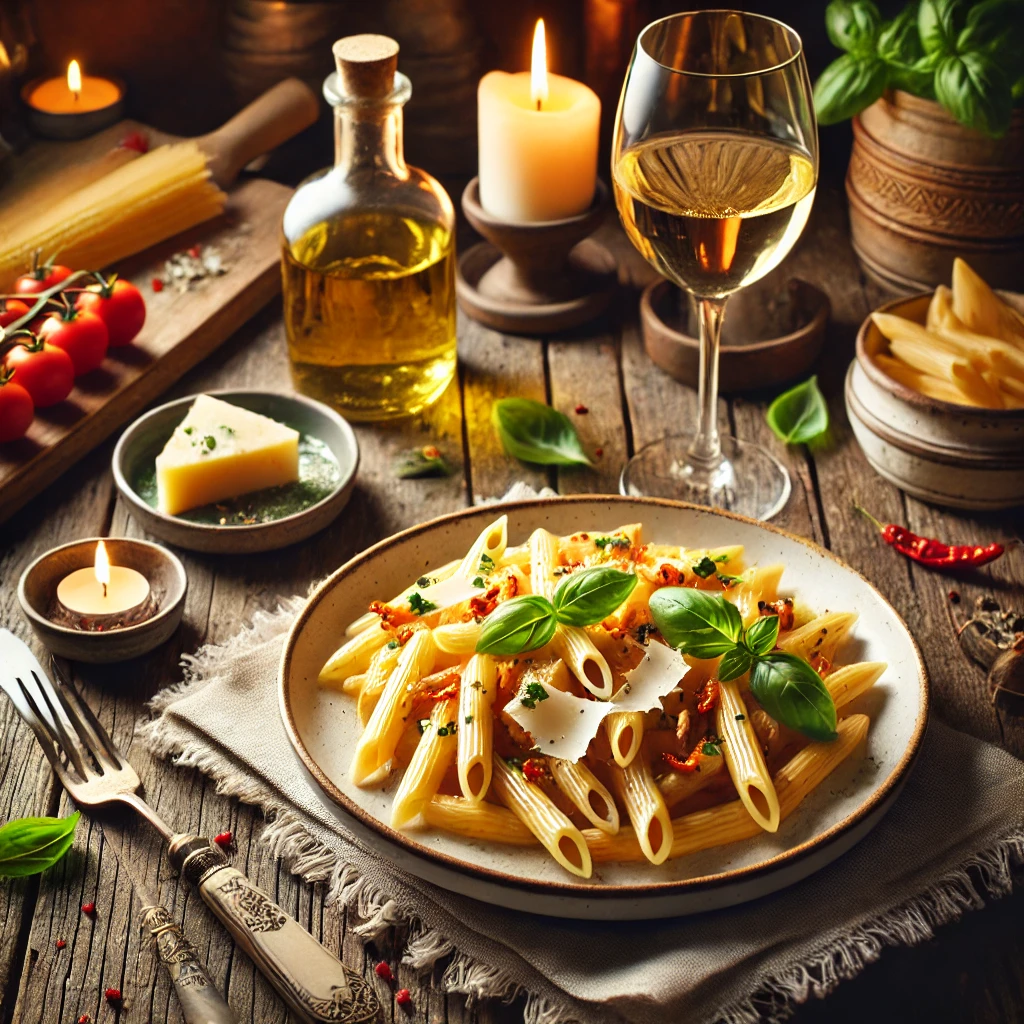 DALL·E 2024 12 11 16.07.12 A beautifully styled food photography scene featuring a plate of penne alla vodka garnished with fresh basil and Parmesan cheese paired with a glass