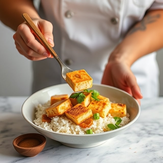 Baked tofu with peanut sauce and coconut-lime rice