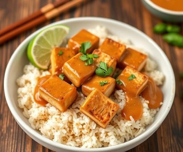 Easy Baked Tofu with Peanut Sauce and Coconut-Lime Rice