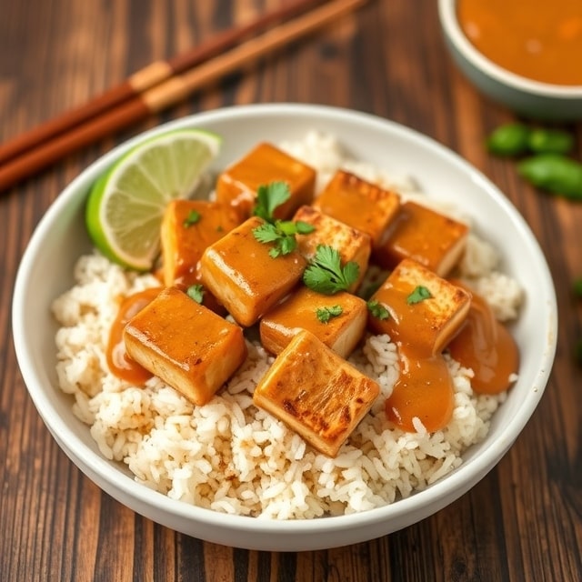 Baked tofu with peanut sauce and coconut-lime rice recipe