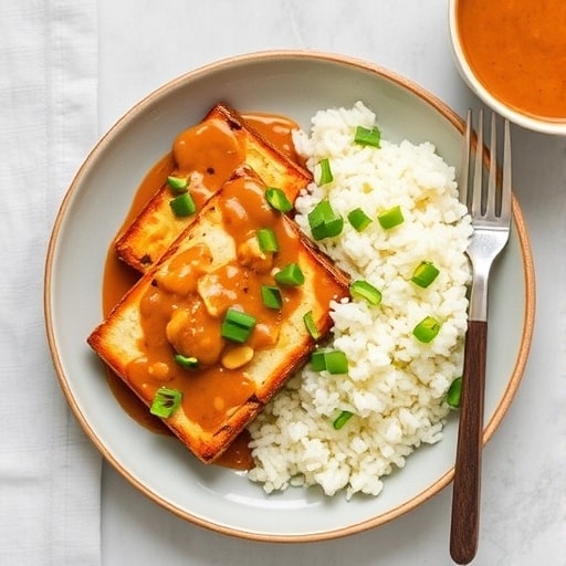 Baked tofu with peanut sauce and coconut lime rice