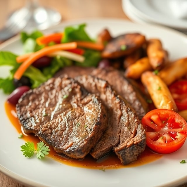 pikes peak beef roast in oven with fresh salad